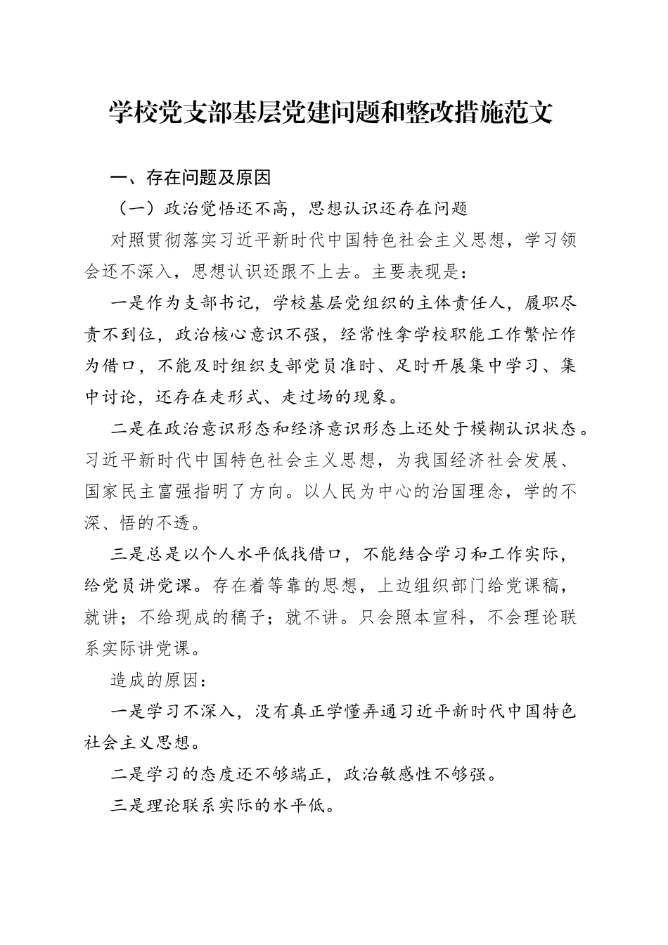 学校党支部基层党建问题整改措施清单工作方案_第1页