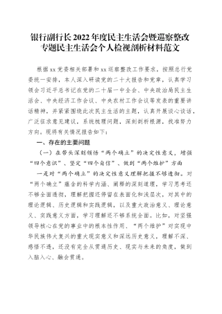 银行副行长2022年度民主生活会暨巡察整改专题民主生活会个人检视剖析材料范文