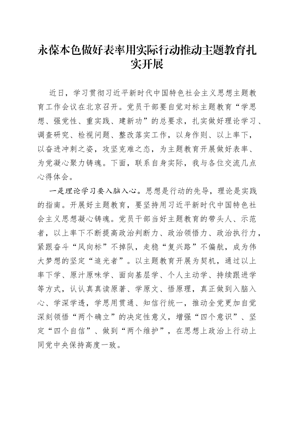 永葆本色做好表率 用实际行动推动主题教育扎实开展_第1页