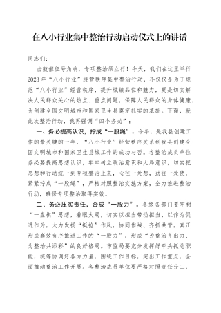 在八小行业集中整治行动启动仪式上的讲话