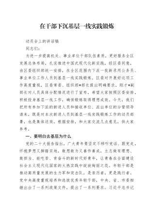 在干部下沉基层一线实践锻炼动员会上的讲话稿