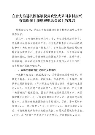 在合力推进巩固拓展脱贫攻坚成果同乡村振兴有效衔接工作电视电话会议上的发言