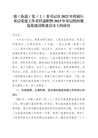 镇（街道）党（工）委书记在2022年度履行基层党建工作责任述职暨2023年基层组织规范化建设推进会议上的讲话