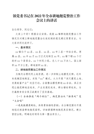 镇党委书记在2022年全市耕地抛荒整治工作会议上的讲话