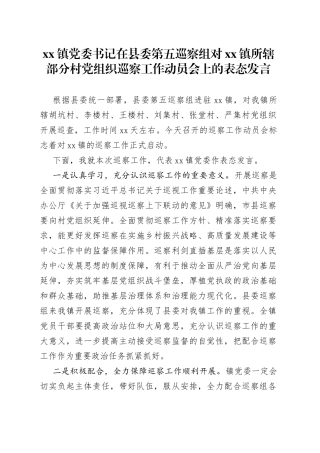 镇党委书记在县委第五巡察组对镇所辖部分村党组织巡察工作动员会上的表态发言