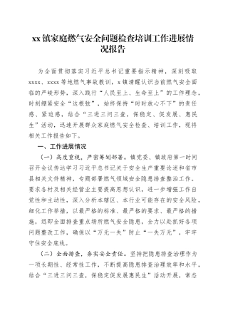 镇家庭燃气安全问题检查培训工作进展情况报告