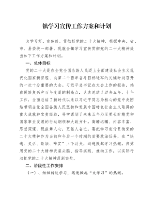 镇学习宣传工作方案和计划