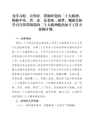 镇学习宣传贯彻党的二十大精神工作方案和计划
