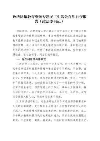 政法队伍教育整顿专题民主生活会自纠自查报告
