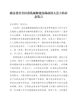 政法委在全区治乱疏解建高端动员大会上的表态发言