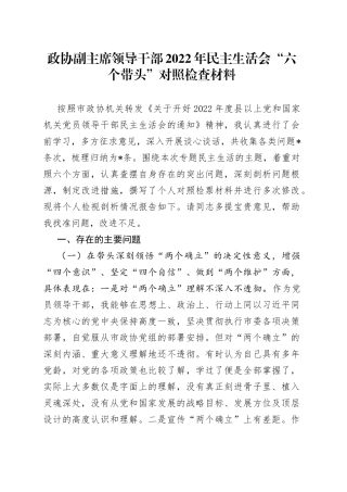 政协副主席领导干部2022年民主生活会“六个带头”对照检查材料