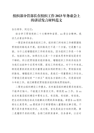 组织部分管部长在组织工作2023年务虚会上的讲话发言材料范文