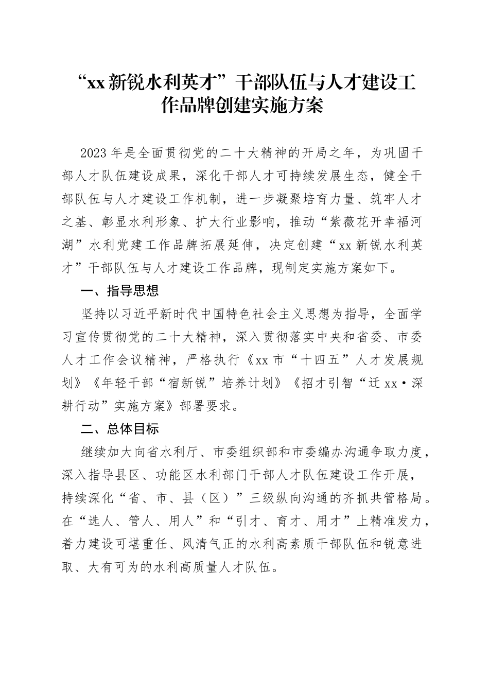 “XX新锐 水利英才”干部队伍与人才建设工作品牌创建实施方案（20230426）_第1页