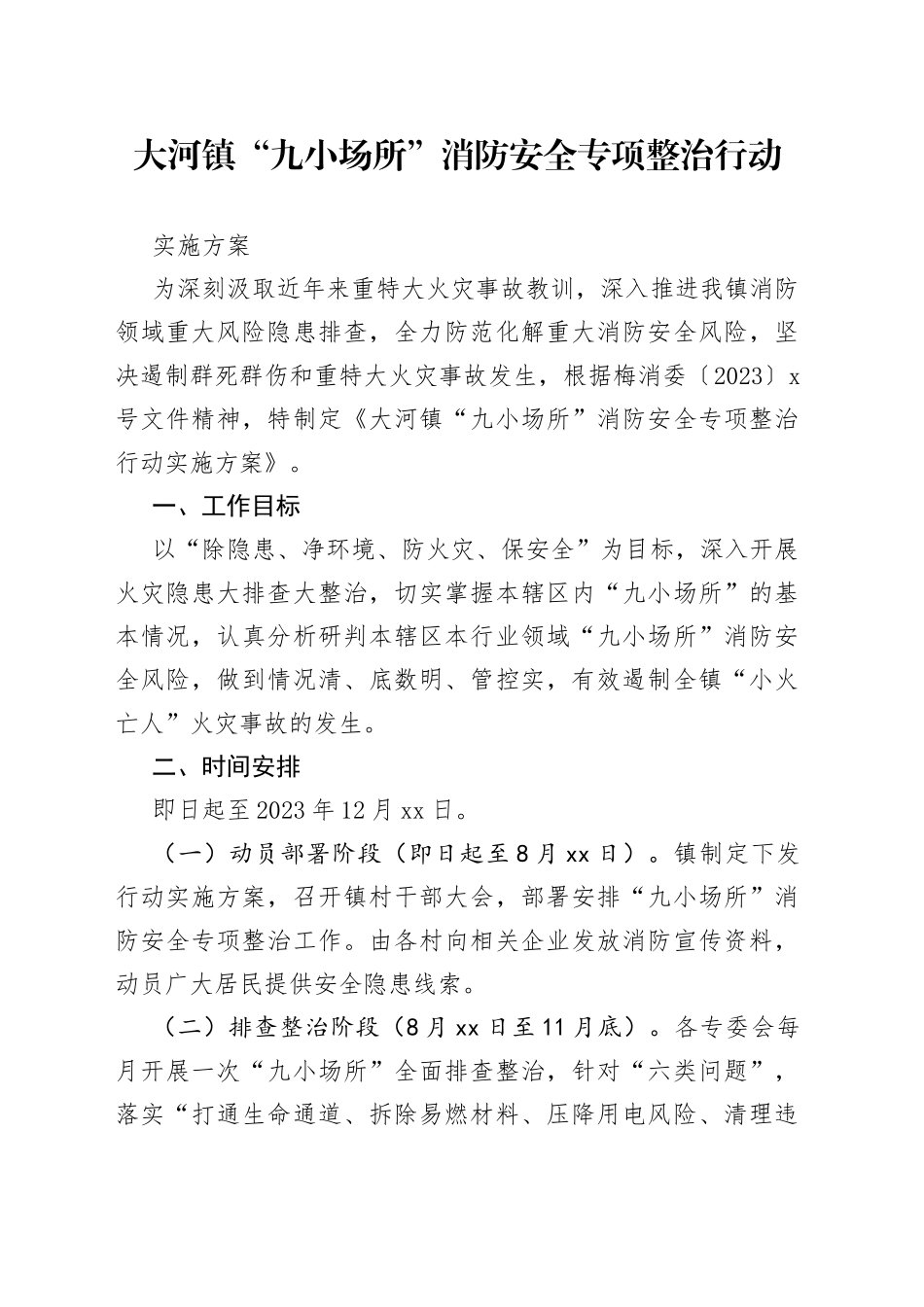 “九小场所”消防安全专项整治 行动实施方案_第1页