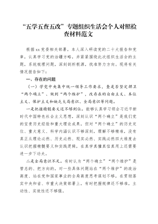 “五学五查五改”专题组织生活会个人对照检查材料检视剖析发言提纲