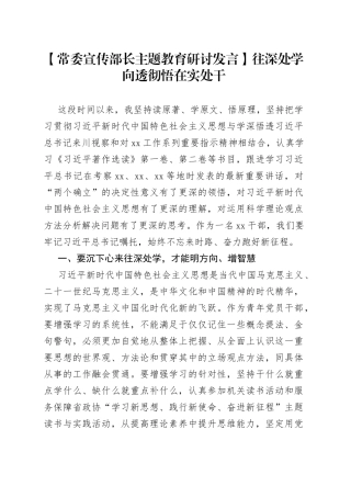 【常委宣传部长主题教育研讨发言】往深处学 向透彻悟 在实处干