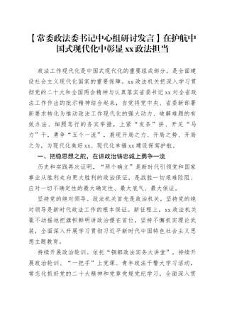 【常委政法委书记中心组研讨发言】在护航中国式现代化中彰显XX政法担当