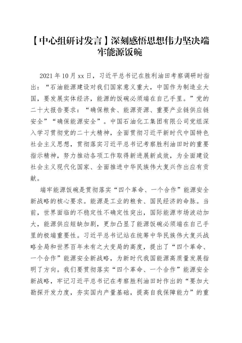 【中心组研讨发言】深刻感悟思想伟力　坚决端牢能源饭碗_第1页