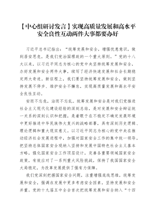 【中心组研讨发言】实现高质量发展和高水平安全良性互动两件大事都要办好