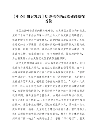 【中心组研讨发言】始终把党的政治建设摆在首位