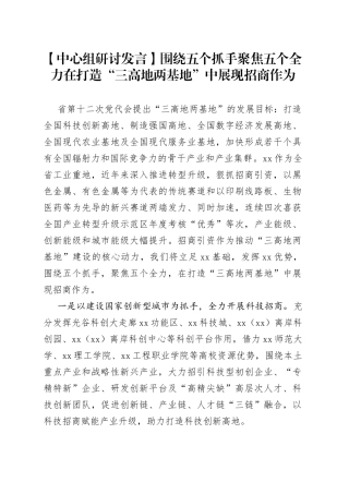【中心组研讨发言】围绕五个抓手 聚焦五个全力在打造“三高地两基地”中展现招商作为