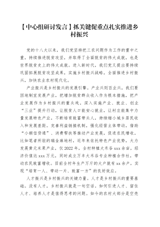【中心组研讨发言】抓关键促重点 扎实推进乡村振兴