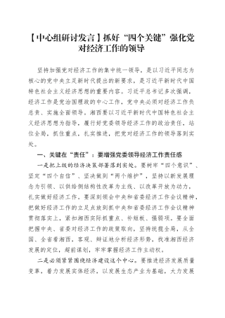 【中心组研讨发言】抓好“四个关键” 强化党对经济工作的领导