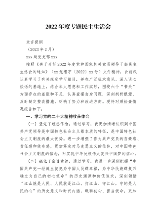 2022年专题民主生活会个人发言提纲