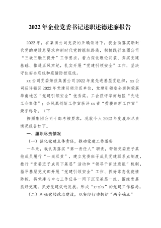 2022年企业党委书记述职述德述廉报告