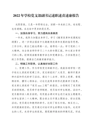 2022年学校党支部副书记述职述责述廉报告