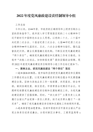 2022年度党风廉政建设领导小组工作总结
