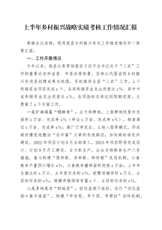 上半年乡村振兴战略实绩考核工作情况汇报