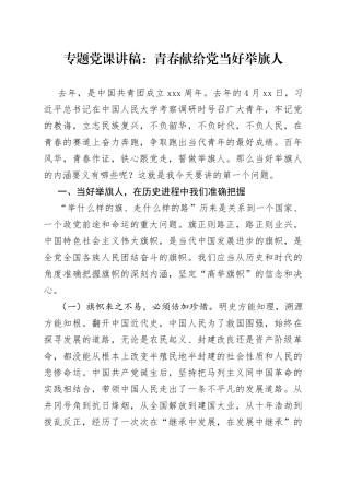 专题党课：青春献给党 当好举旗人