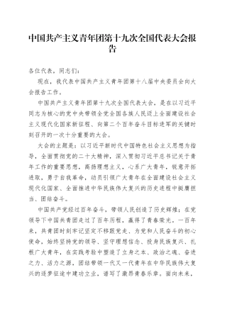 中国共产主义青年团第十九次全国代表大会报告