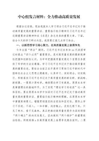 中心组发言材料：全力推动高质量发展
