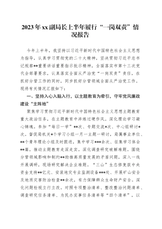 2023年XX副局长上半年履行“一岗双责”情况报告