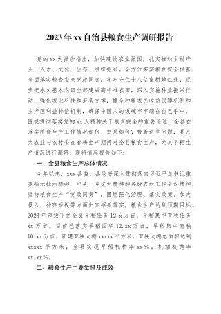 2023年XX自治县粮食生产调研报告