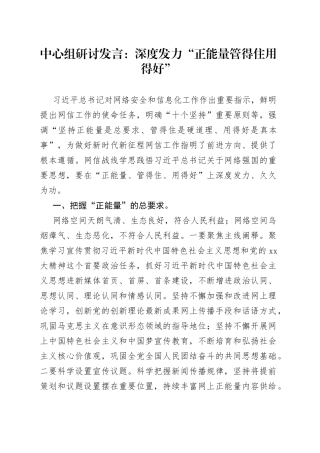 中心组研讨发言：深度发力“正能量管得住用得好”