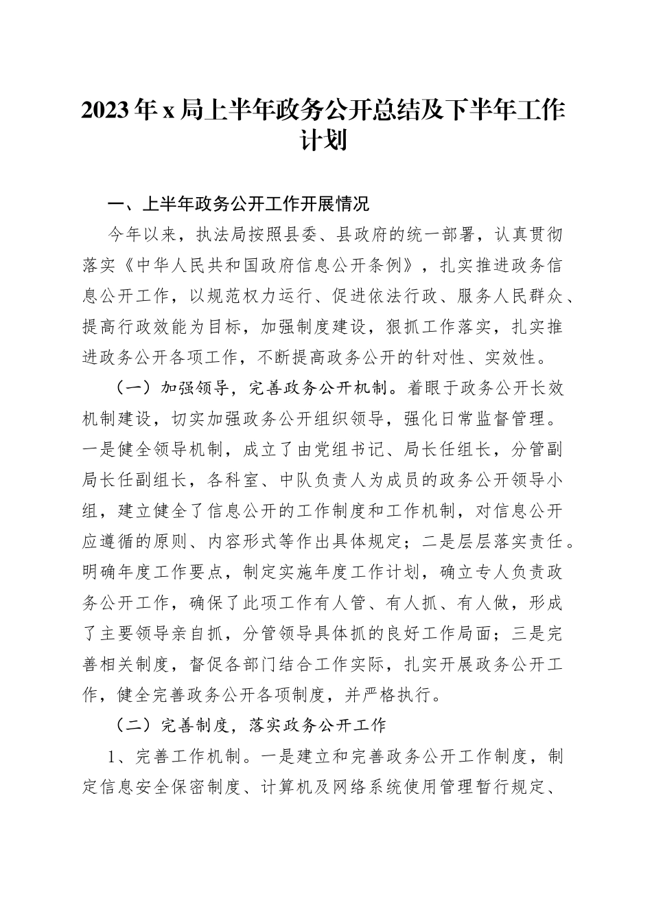 2023年X局上半年政务公开总结及下半年工作计划_第1页