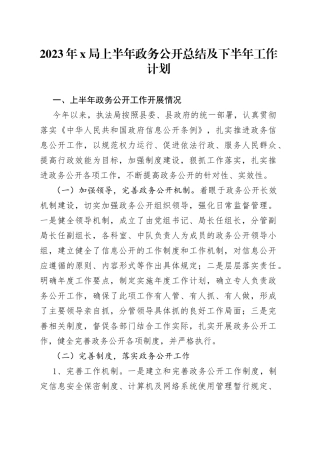 2023年X局上半年政务公开总结及下半年工作计划