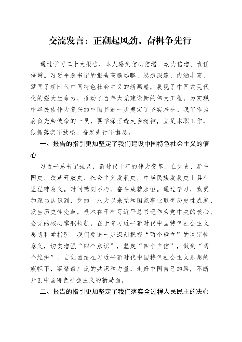 交流发言：正潮起风劲，奋楫争先行_第1页