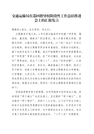交通运输局在巡回指导组阶段性工作总结推进会上的汇报发言