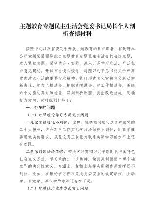 主题教育专题民主生活会党委书记局长个人剖析查摆材料