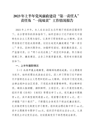 2023年上半年党风廉政建设“第一责任人”责任及“一岗双责”工作情况报告