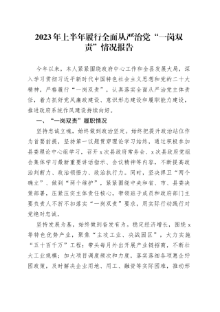 2023年上半年履行全面从严治党“一岗双责”情况报告