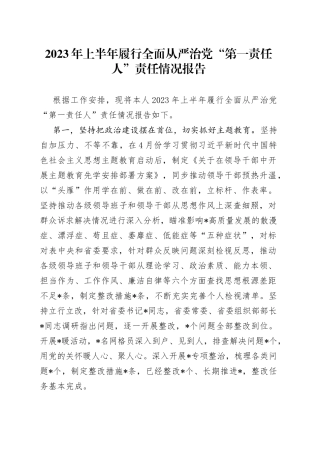 2023年上半年履行全面从严治党“第一责任人”责任情况报告