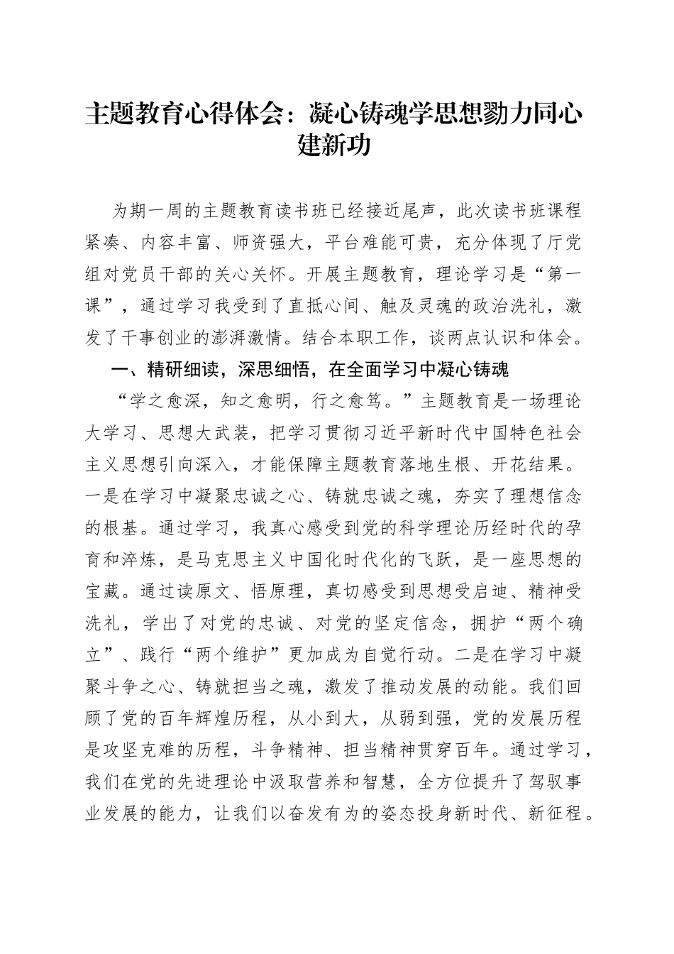 主题教育心得体会： 凝心铸魂学思想 勠力同心建新功_第1页