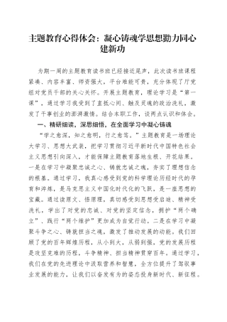 主题教育心得体会： 凝心铸魂学思想 勠力同心建新功