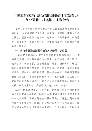 主题教育总结：高处着眼细处着手实处着力“九个强化”扎实推进主题教育