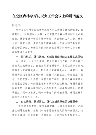 全区森林草原防灭火工作会议讲话